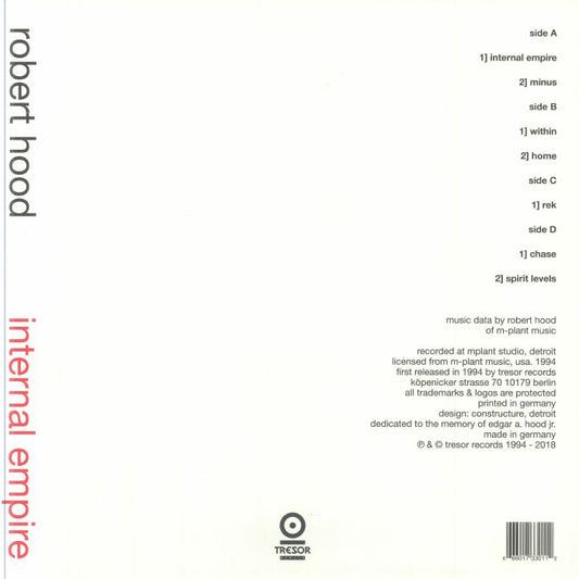 Contraportada del vinilo Robert Hood – Internal Empire con créditos, sello Tresor y listado completo de pistas.