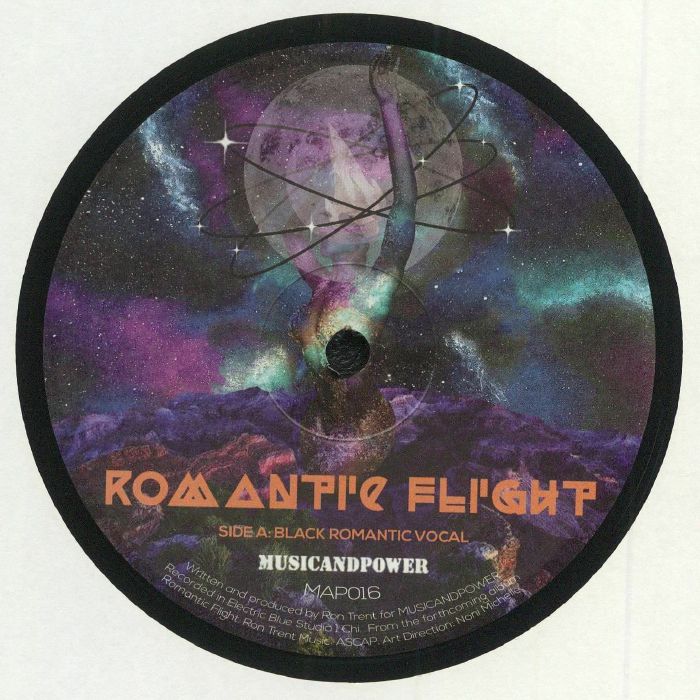 Etiqueta del lado A del vinilo Romantic Flight – Black Romantic, con arte cósmico y texto Vocal de Music And Power.