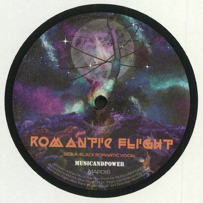 Etiqueta del lado A del vinilo Romantic Flight – Black Romantic, con arte cósmico y texto Vocal de Music And Power.