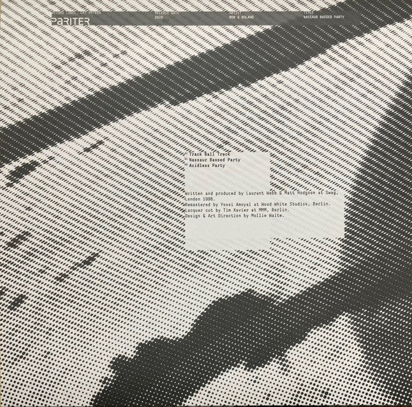 Portada trasera del vinilo Ron & Roland – Nassaur Bassed Party, editado por Pariter en formato 12". Contiene la lista de canciones y créditos de producción sobre un diseño minimalista en blanco y negro.