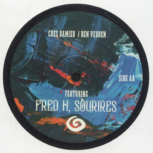 Etiqueta central del vinilo Ron Trent / Chez Damier / Ben Vedren – Morning Factory Remixes [12"], lado AA. Créditos visibles para Chez Damier y Ben Vedren, con Fred H en “Sourires”. Arte abstracto colorido sobre sello Balance Recording.