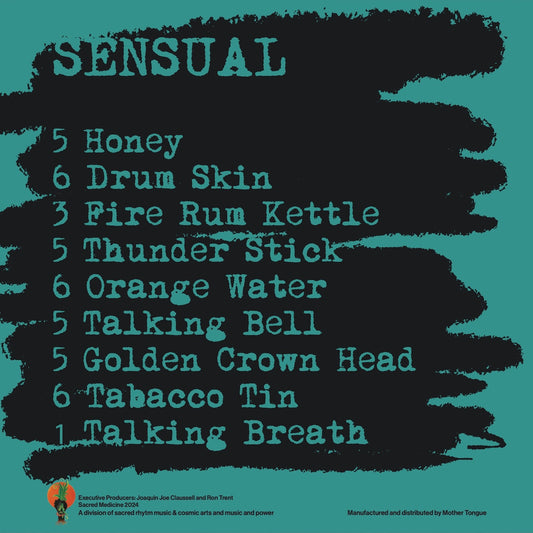 Portada trasera del vinilo Ron Trent – Sensual editado por Sacred Medicine en formato 12". Texto impreso: combinación de ingredientes tipo cóctel, créditos de producción y sello.