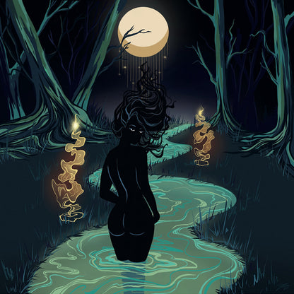 Portada del vinilo Ron Trent Feat. Harry Dennis – The Revisions EP., ilustración nocturna con figura en río y luna llena, arte místico Sacred Medicine 12" EP.