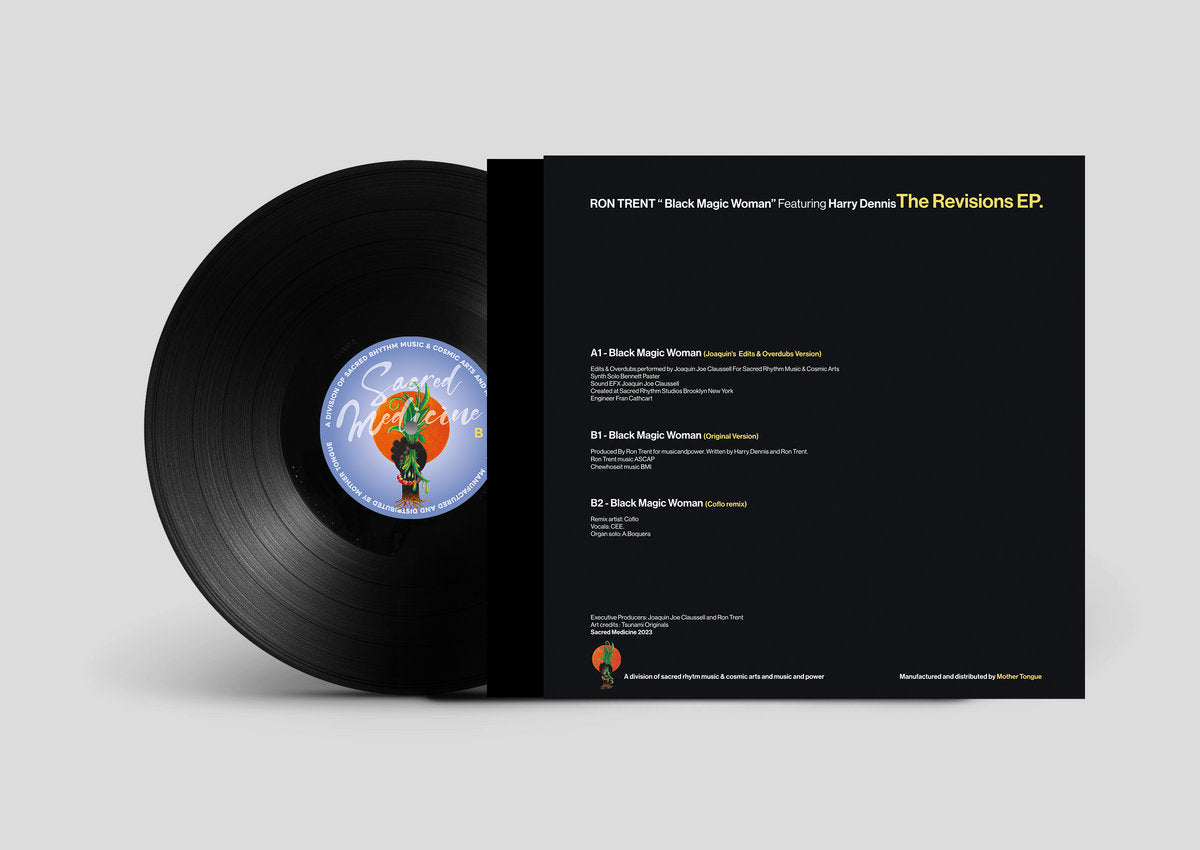 Contraportada y vinilo lado B de Ron Trent Feat. Harry Dennis – The Revisions EP., lista de pistas y créditos impresos, diseño sobrio Sacred Medicine 12" EP.