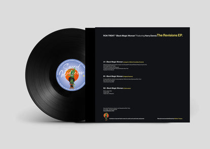 Contraportada y vinilo lado B de Ron Trent Feat. Harry Dennis – The Revisions EP., lista de pistas y créditos impresos, diseño sobrio Sacred Medicine 12" EP.