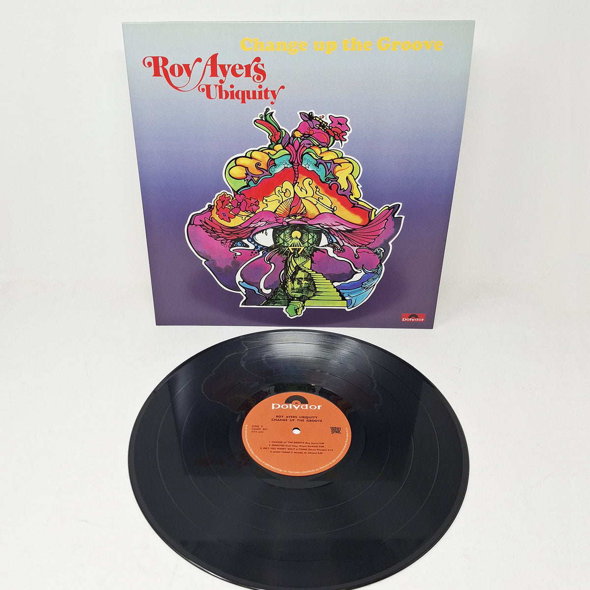 Vinilo LP Roy Ayers Ubiquity – Change Up The Groove junto a portada, con etiqueta Polydor y pistas visibles.