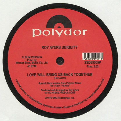 Portada trasera del vinilo “Running Away / Love Will Bring Us Back Together” de Roy Ayers Ubiquity, lanzado bajo el sello South Street Disco en 12".