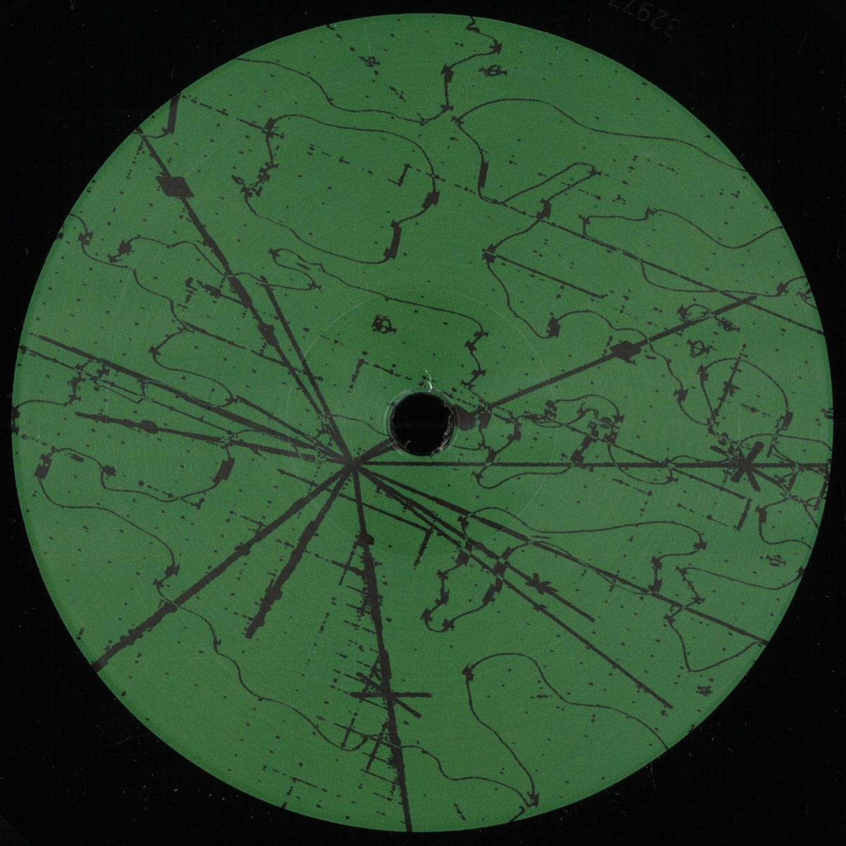 Lado B del vinilo 12" Rude Futures – Acid Reaction en Rush Hour Store Jams, etiqueta verde con gráfico abstracto radial oscuro.