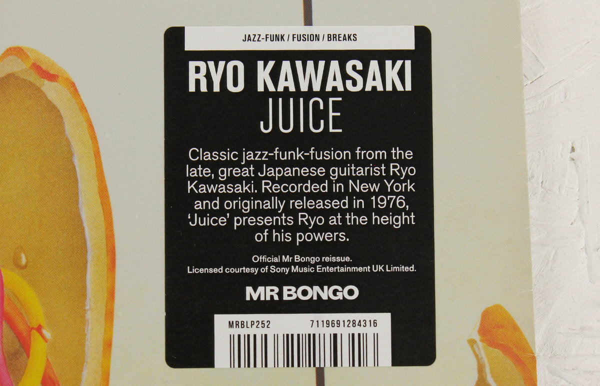 Detalle de la funda del vinilo Ryo Kawasaki – Juice: sticker de Mr Bongo con catálogo MRBLP252 y código de barras.