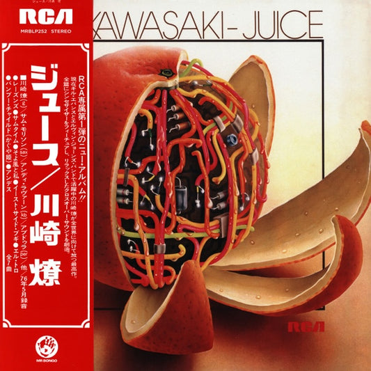 Vinilo Ryo Kawasaki – Juice con portada surrealista de fruta abierta mostrando cables y circuitos futuristas.