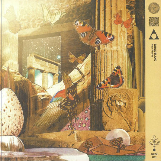 Portada delantera del vinilo "New Places" de Sable Blanc, lanzado por Oath en edición limitada 12". Diseño surrealista con mariposas y arquitectura antigua.