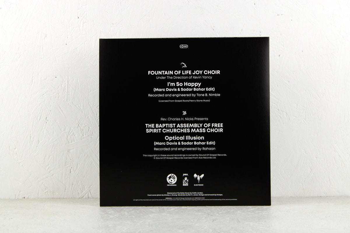 Contraportada del vinilo Sadar Bahar And Marc Davis – Disco Gospel, con títulos, créditos y logos en blanco.