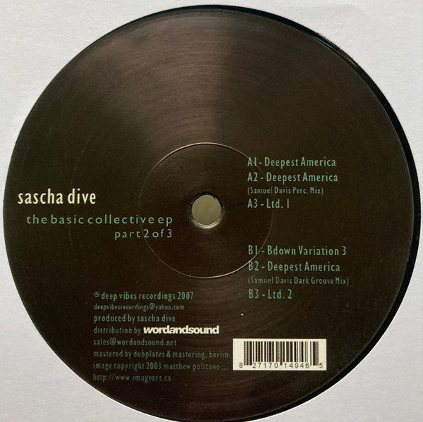 Portada delantera del vinilo Sascha Dive – The Basic Collective EP (Part 2 Of 3) en vinilo de 12" bajo el sello Deep Vibes Recordings. El disco presenta el título y detalles del álbum en un diseño minimalista.