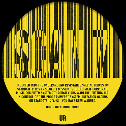Lado B del vinilo Scan 7 – Black Moon Rising, label UR amarilla con texto manifesto, títulos Introducing Scan 7 y System Work.