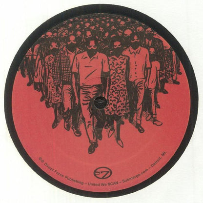 Lado B del vinilo Scan 7 – The Resistance con etiqueta roja ilustrada, multitud caminando y créditos Terrence Parker Mix y UR Detroit Rusted Metal Mix visibles