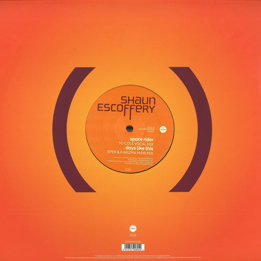Vinilo Shaun Escoffery – Days Like This 12" Reedición en Demon Records, contraportada con etiqueta central lado B destacando Space Rider vocal mix y Spen & Karizma main mix.