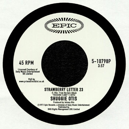 Etiqueta central lado A en vinilo 7", 45 RPM de Shuggie Otis – Strawberry Letter 23 / Ice Cold Daydream, reedición Record Store Day por Epic, con pista “Strawberry Letter 23”, duración 3:57, créditos y catálogo 5-10798P.