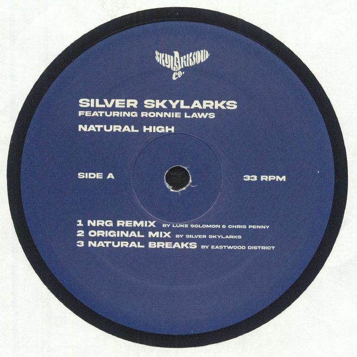 Etiqueta central del vinilo Silver Skylarks Feat. Ronnie Laws – Natural High, lado A del 12" sencillo en Eastwood Music Group, con pistas NRG Remix, Original Mix y Natural Breaks en diseño azul clásico.