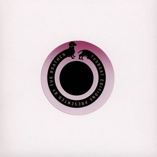 Etiqueta central del vinilo Social Lovers – Love Come Down con diseño en degradado rosa y logo de dos perros de Tugboat Editions, formato 7", 45 RPM.