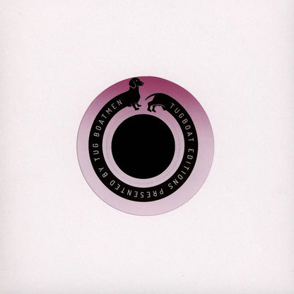 Etiqueta central del vinilo Social Lovers – Love Come Down con diseño en degradado rosa y logo de dos perros de Tugboat Editions, formato 7", 45 RPM.