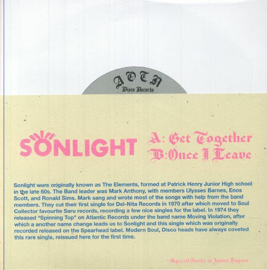 Portada trasera del vinilo Sonlight – Get Together, editado por Athens Of The North en 7". Incluye la lista de canciones, créditos de la banda y detalles del lanzamiento.