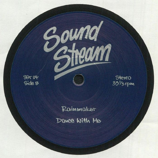 Contraportada del vinilo Sound Stream - “Live” Goes On, publicado por el sello Sound Stream en 12". Presenta la lista de pistas del lado B con tipografía manuscrita. Texto impreso: "Sound Stream", SST 04, Side B, Stereo, 33⅓ rpm, Rainmaker, Dance With Me.