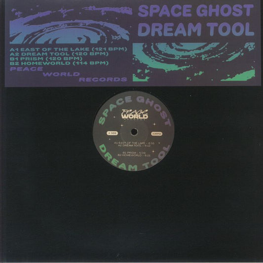 Portada del vinilo Space Ghost – Dream Tool, lanzado por Peace World Records. Edición limitada en 12”. Diseño futurista con colores vibrantes y tipografía retro.