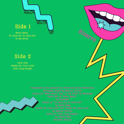 Contraportada del vinilo Spaced Out Krew & Orion Westbrook – Friends, Love, Freak con tracklist, créditos y labios.