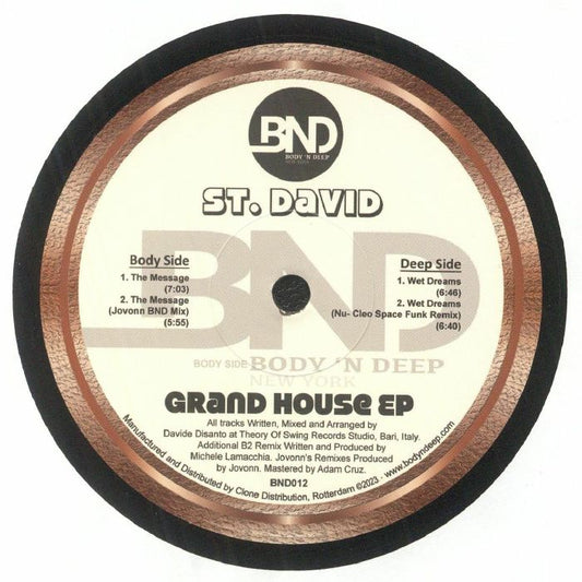 Portada delantera del vinilo St. David – Grand House EP lanzado por el sello Body 'N Deep. Incluye los temas "The Message" y su remix, además de créditos de producción.