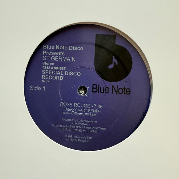 Lado A del vinilo St Germain – Rose Rouge (Remixes By Atjazz, Ron Trent), etiqueta Blue Note y mezcla de Atjazz.