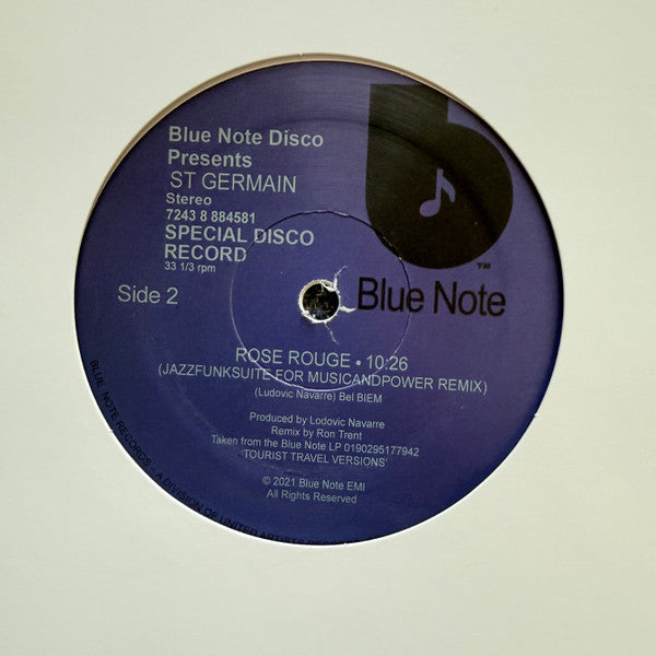 Lado B del vinilo St Germain – Rose Rouge (Remixes By Atjazz, Ron Trent), etiqueta Blue Note y mezcla de Ron Trent.
