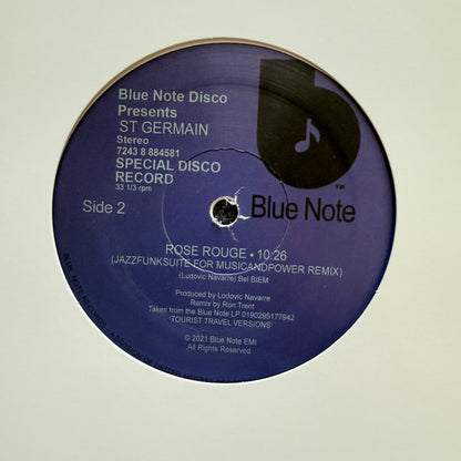 Lado B del vinilo St Germain – Rose Rouge (Remixes By Atjazz, Ron Trent), etiqueta Blue Note y mezcla de Ron Trent.