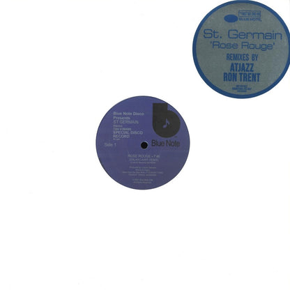 Portada del vinilo St Germain – Rose Rouge (Remixes By Atjazz, Ron Trent), diseño blanco con etiqueta azul.