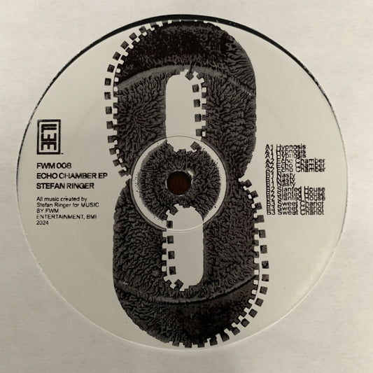 Lado A del vinilo Stefan Ringer – Echo Chamber EP, etiqueta FWM008 con tracklist y arte abstracto en blanco y negro, EP 12" de FWM Entertainment.
