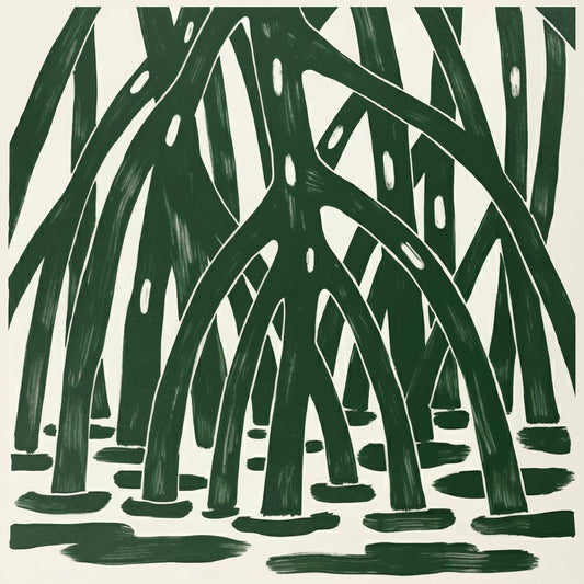 Portada de vinilo Stefano Nardon – Mangrovia / Underwater 7" Forbidden Dance, ilustración de raíces de manglar verdes sobre fondo claro, estilo minimalista y orgánico.