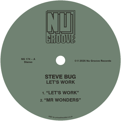 Lado A del vinilo Steve Bug – Let’s Work, etiqueta verde Nu Groove Records, catálogo NG 174-A, incluye las pistas “Let’s Work” y “Mr Wonders”.
