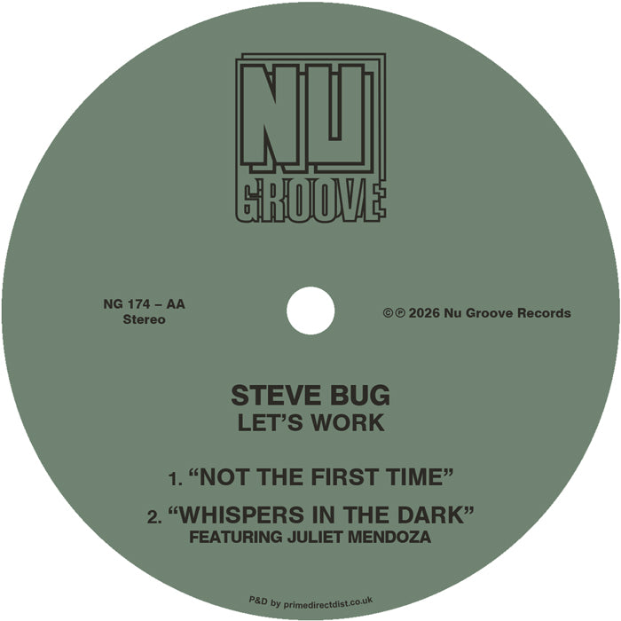 Lado B del vinilo Steve Bug – Let’s Work, etiqueta verde Nu Groove Records, catálogo NG 174-AA, con “Not The First Time” y “Whispers In The Dark” feat. Juliet Mendoza.