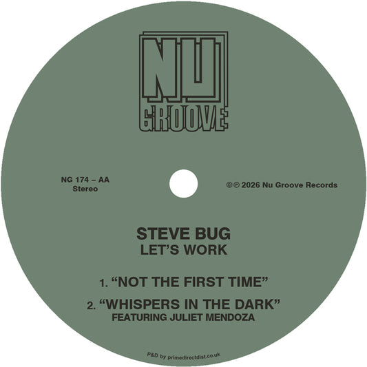 Lado B del vinilo Steve Bug – Let’s Work, etiqueta verde Nu Groove Records, catálogo NG 174-AA, con “Not The First Time” y “Whispers In The Dark” feat. Juliet Mendoza.