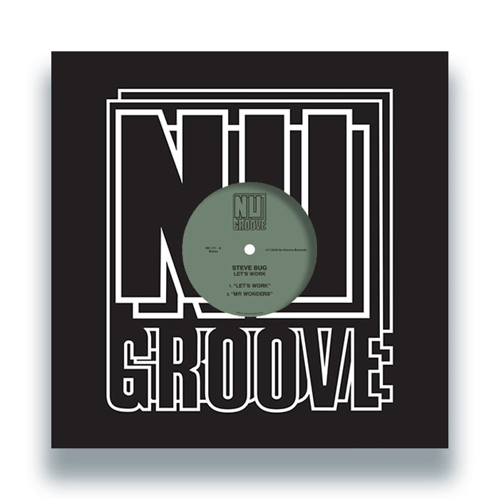 Portada del vinilo 12" Steve Bug – Let’s Work en Nu Groove Records, funda negra con gran logotipo Nu Groove y disco visible al centro.
