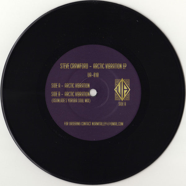Lado A del vinilo 7" Steve Crawford – Arctic Vibration con etiqueta púrpura UA-010 y créditos impresos en dorado.