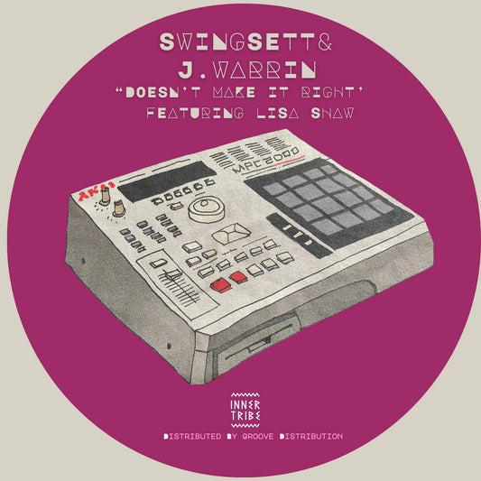 Etiqueta central del vinilo 12" Swingsett & J. Warrin Feat. Lisa Shaw – Doesn't Make It Right, ilustración MPC sobre fondo magenta de Inner Tribe Records.