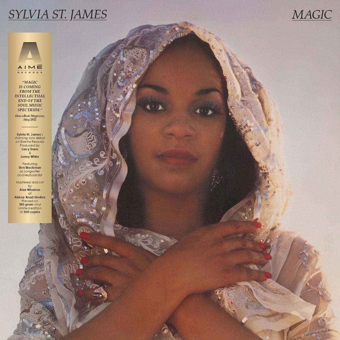 Portada del vinilo Sylvia St. James – Magic, con retrato de la cantante bajo un velo bordado y obi dorado de Aimé Records.