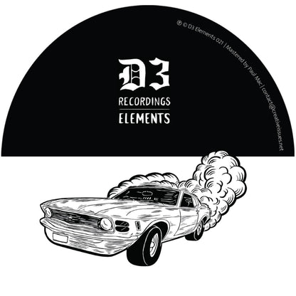 Etiqueta del lado opuesto del vinilo Synchrojack – Sugarhouse en D3 Elements 12", con logotipo del sello, información de masterización y el mismo coche ilustrado echando humo.