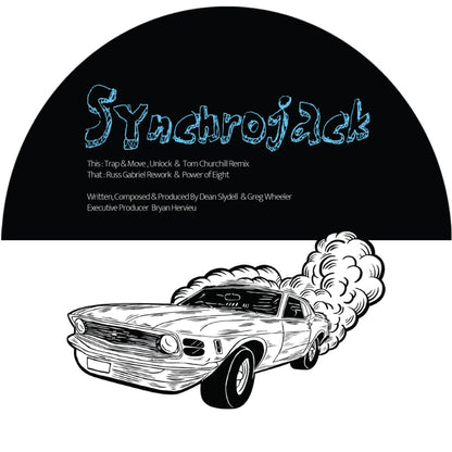 Etiqueta central del vinilo Synchrojack – Sugarhouse en el sello D3 Elements, con fondo negro semicircular, créditos de producción y dibujo detallado de un muscle car derrapando.