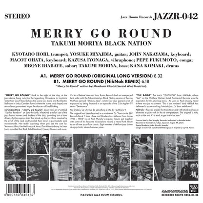 Contraportada del vinilo Takumi Moriya Black Nation – Merry Go Round con créditos completos, descripción del proyecto y foto del grupo, lanzado por Jazz Room Records.