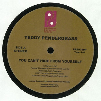 Etiqueta central lado A en vinilo 12" reedición de Teddy Pendergrass – You Can't Hide From Yourself con créditos de Gamble & Huff en Philadelphia International Records, duración 4:05 y catálogo PR65019P.