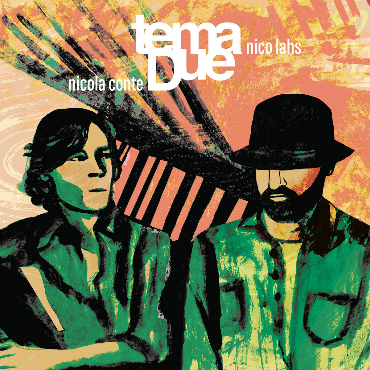 Portada del vinilo Nicola Conte & Nico Lahs present Tema Due – EP2, ilustración expresionista con retratos y colores cálidos, EP 12" de Schema.