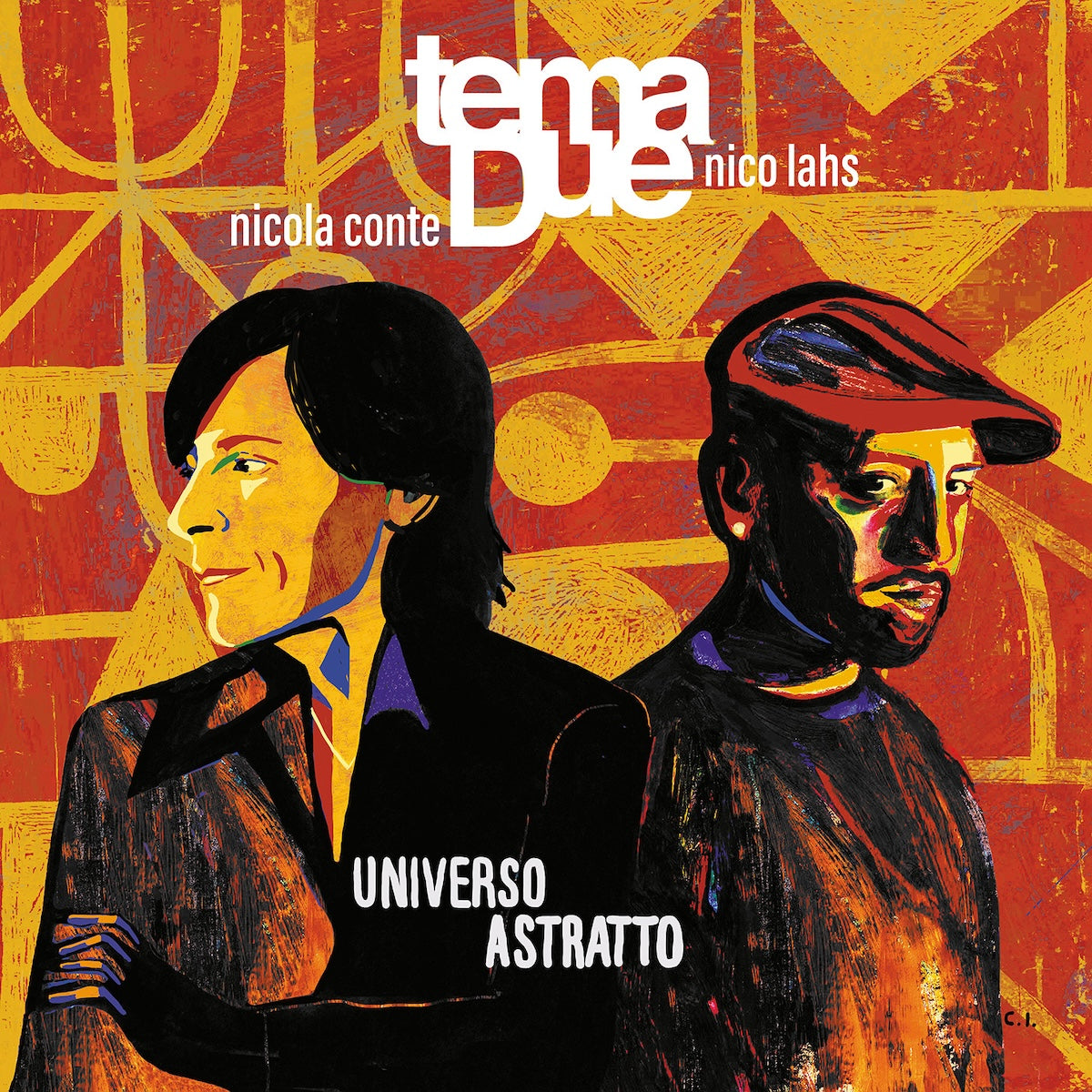 Portada del vinilo Tema Due – Universo Astratto, con retratos ilustrados y diseño en tonos rojos, naranjas y amarillos.