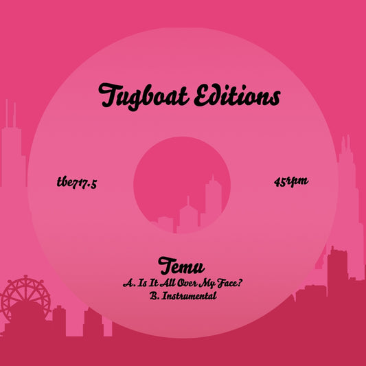 Portada rosa del vinilo Temu – Is It All Over My Face? con skyline de Nueva York y arte de Tugboat Editions.
