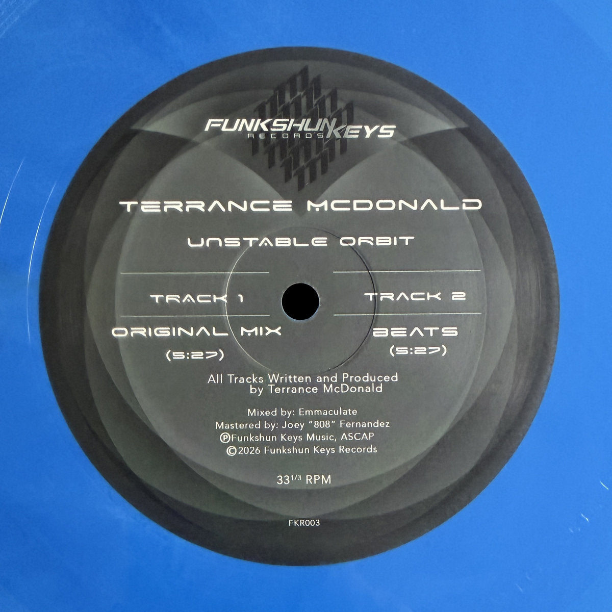 Lado A del vinilo Terrance McDonald – Unstable Orbit en Funkshun Keys, etiqueta con tracks, créditos y duración 5:27.